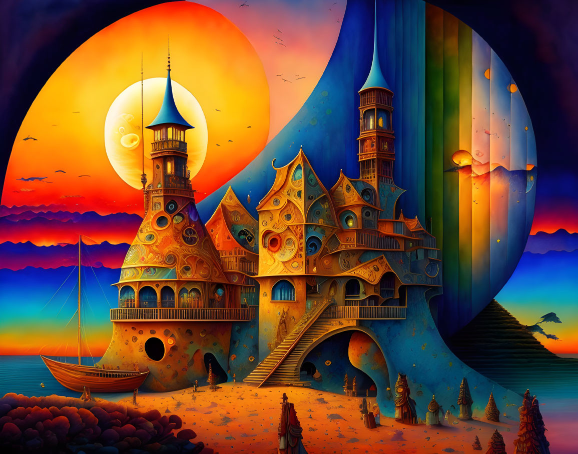 Surreal landscape with whimsical castle, boat, split sky, stars, and moon