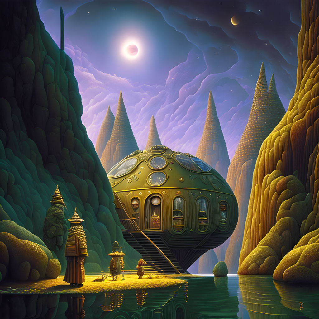 Steampunk spacecraft lands in mystical landscape with towering spires and eclipse.