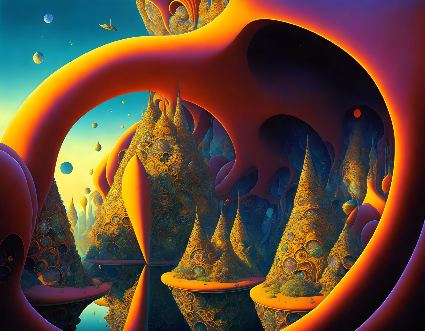 Surreal landscape with orange fractal structures and reflective surface