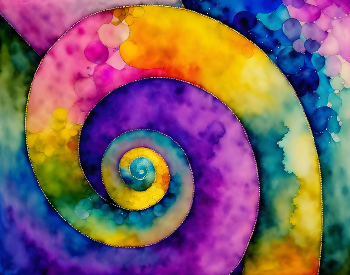 Colorful abstract spiral pattern in rainbow hues like watercolor droplets.