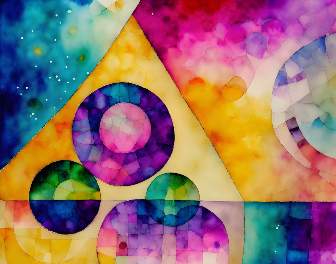 Abstract Watercolor Painting with Geometric Shapes and Overlapping Circles