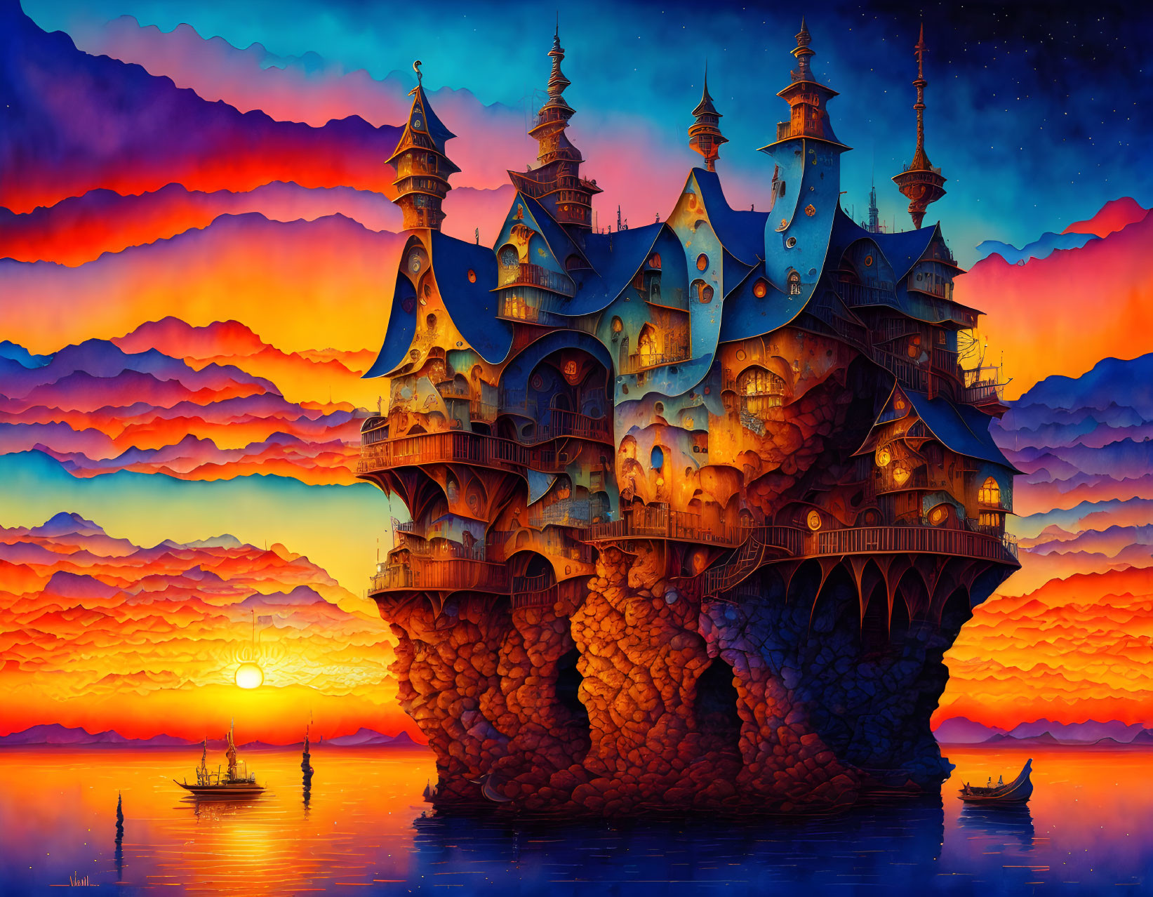 Majestic castle on rocky island in vibrant sunset seascape