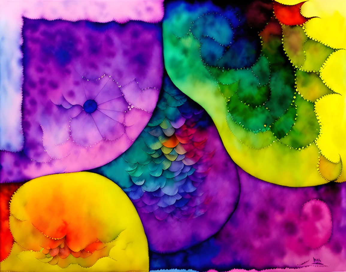 Colorful Abstract Watercolor Painting with Swirling Patterns and Scale-like Motifs