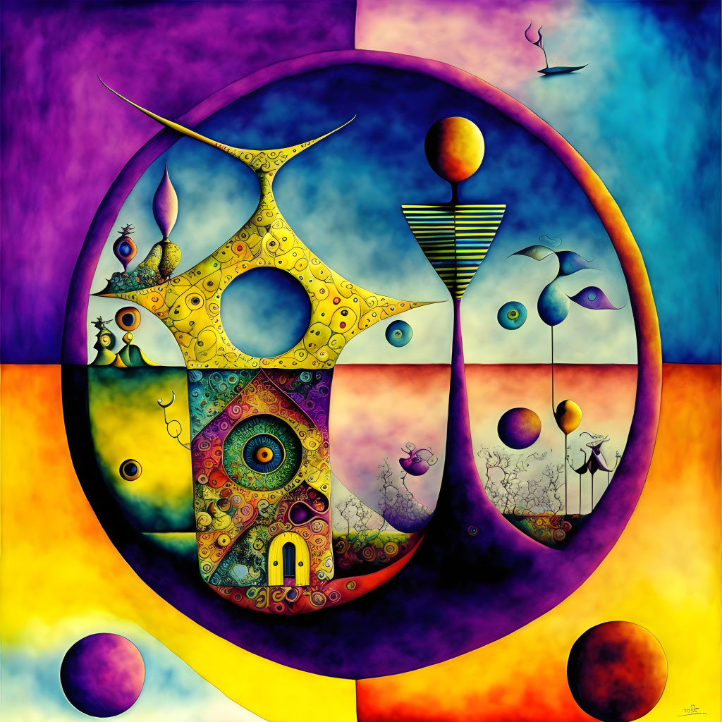 Vivid Abstract Painting with Surreal Elements and Circular Patterns