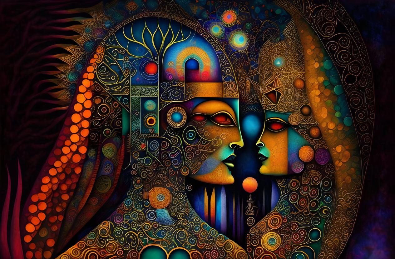 Colorful digital artwork: Two stylized faces with cosmic motifs on dark background