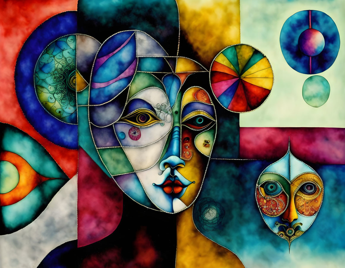 Colorful Abstract Painting: Segmented Faces & Geometric Shapes