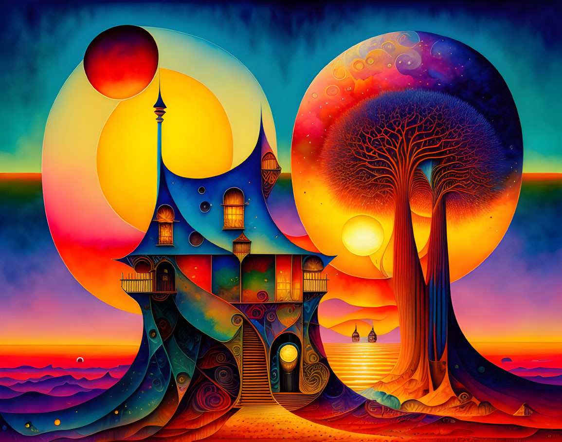 Vibrant surreal landscape: whimsical castle, circular tree, floating orbs, tranquil sea, dream