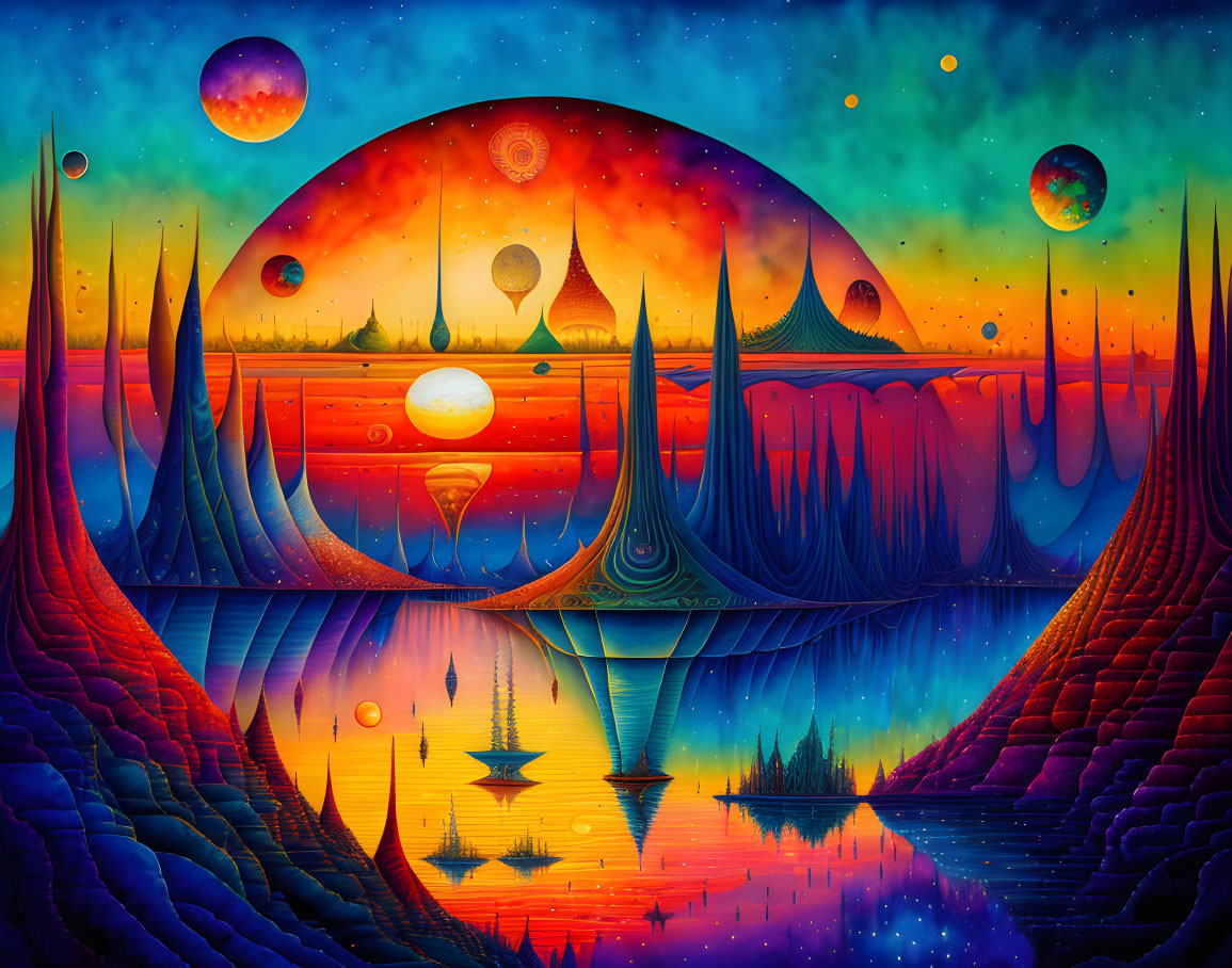 Colorful surreal landscape with spiked formations, floating orbs, and multiple moons under a starry sky.