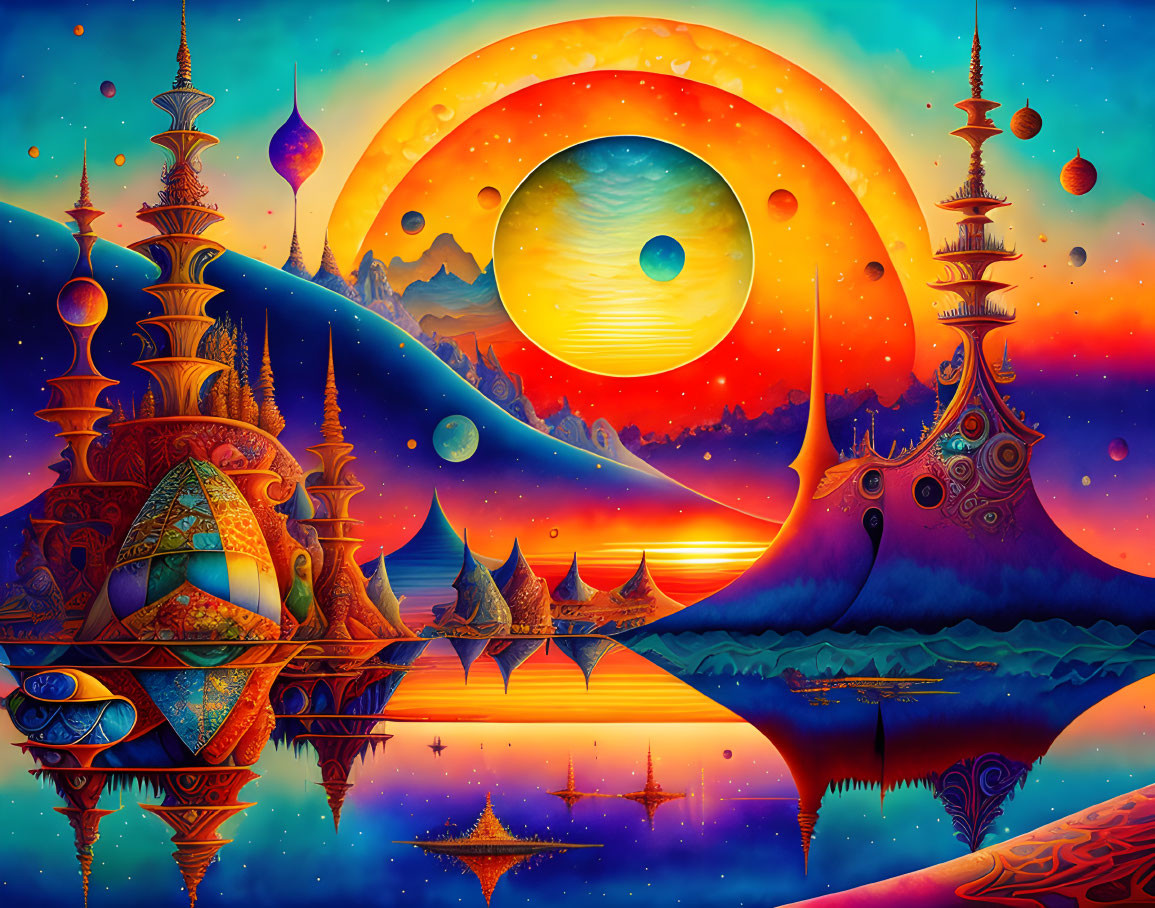 Surreal landscape with fantastical structures and celestial elements