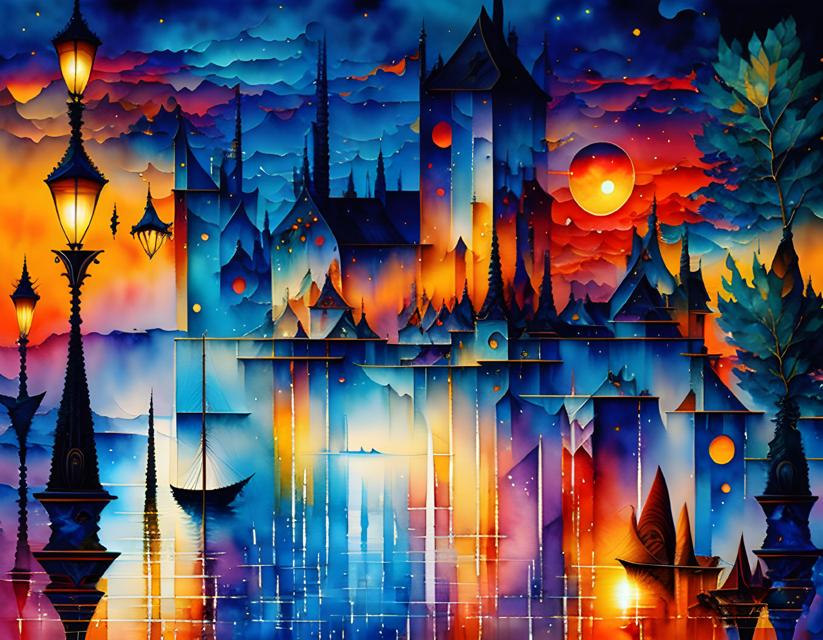 Fantastical castle illustration with spires, colorful sky, and glowing sun