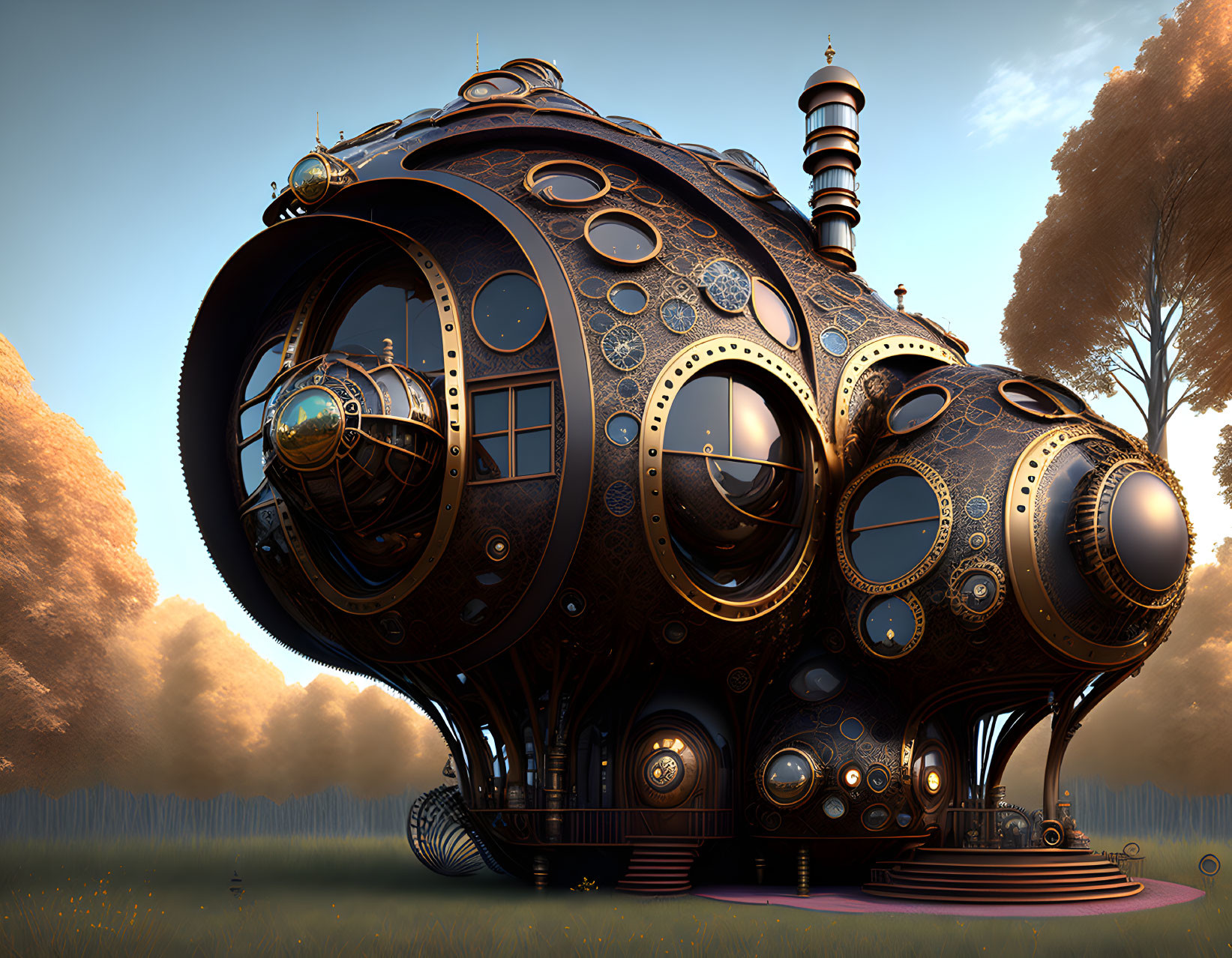 Steampunk-inspired spherical house with circular windows in a grassy field