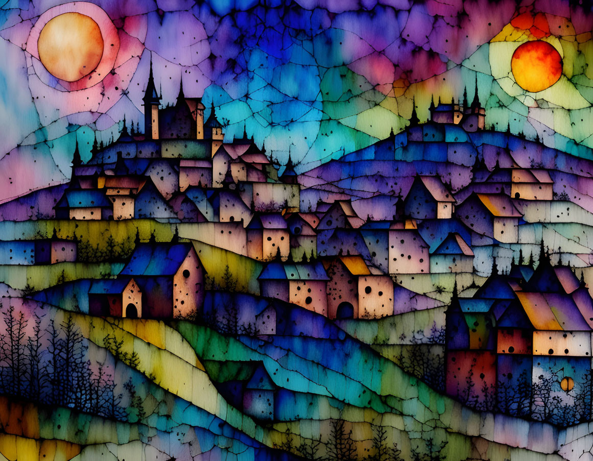 Colorful Stained-Glass Style Painting of Whimsical Landscape