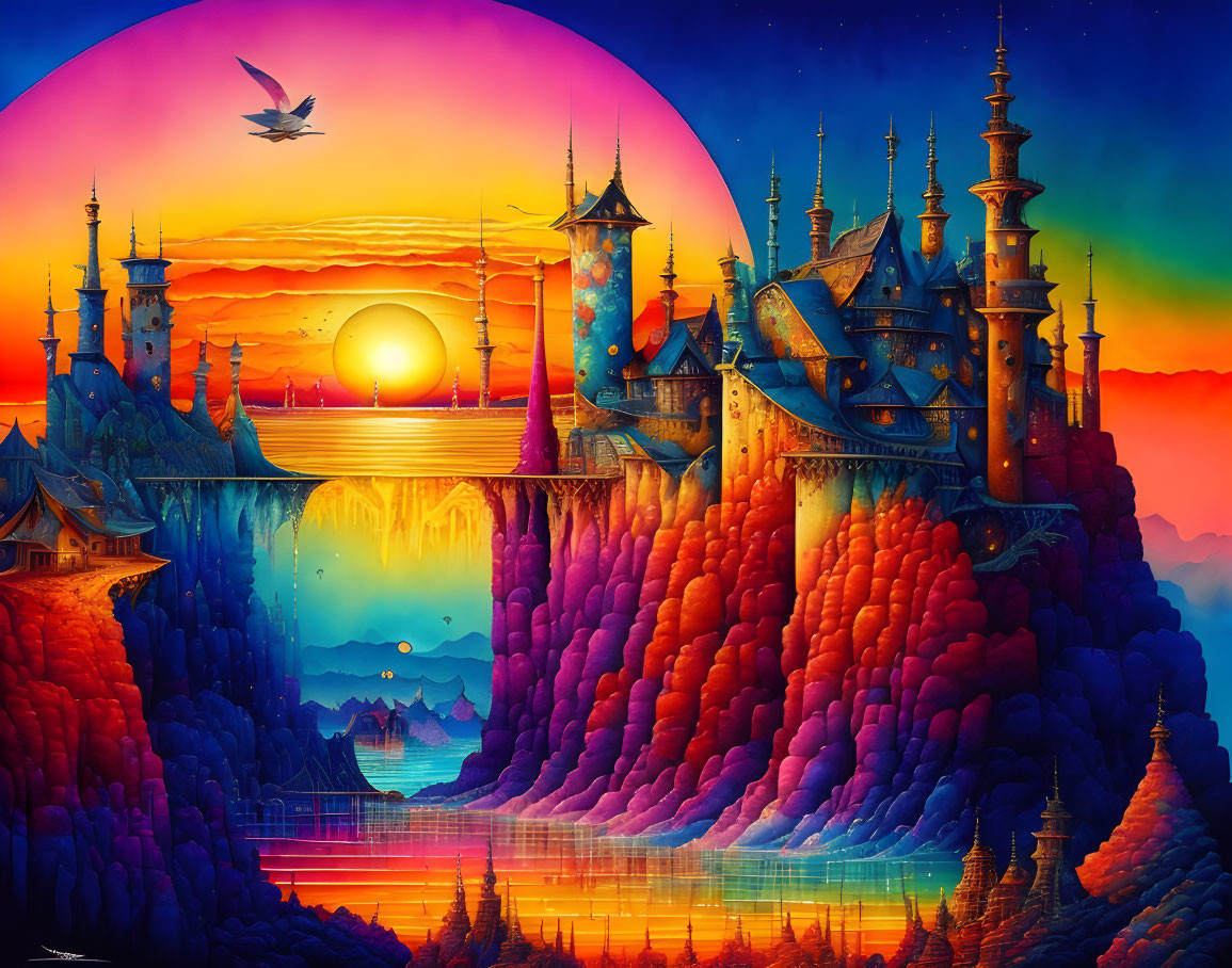 Fantasy landscape with whimsical castle, colorful cliffs, reflective lake, sunset sky, and flying bird