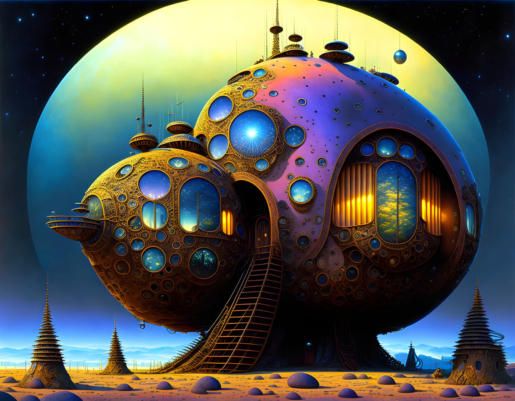 Spherical structure with domes and shimmering windows under moon and stars