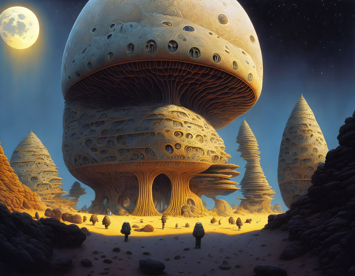 Fantastical mushroom-shaped structures under starry sky.