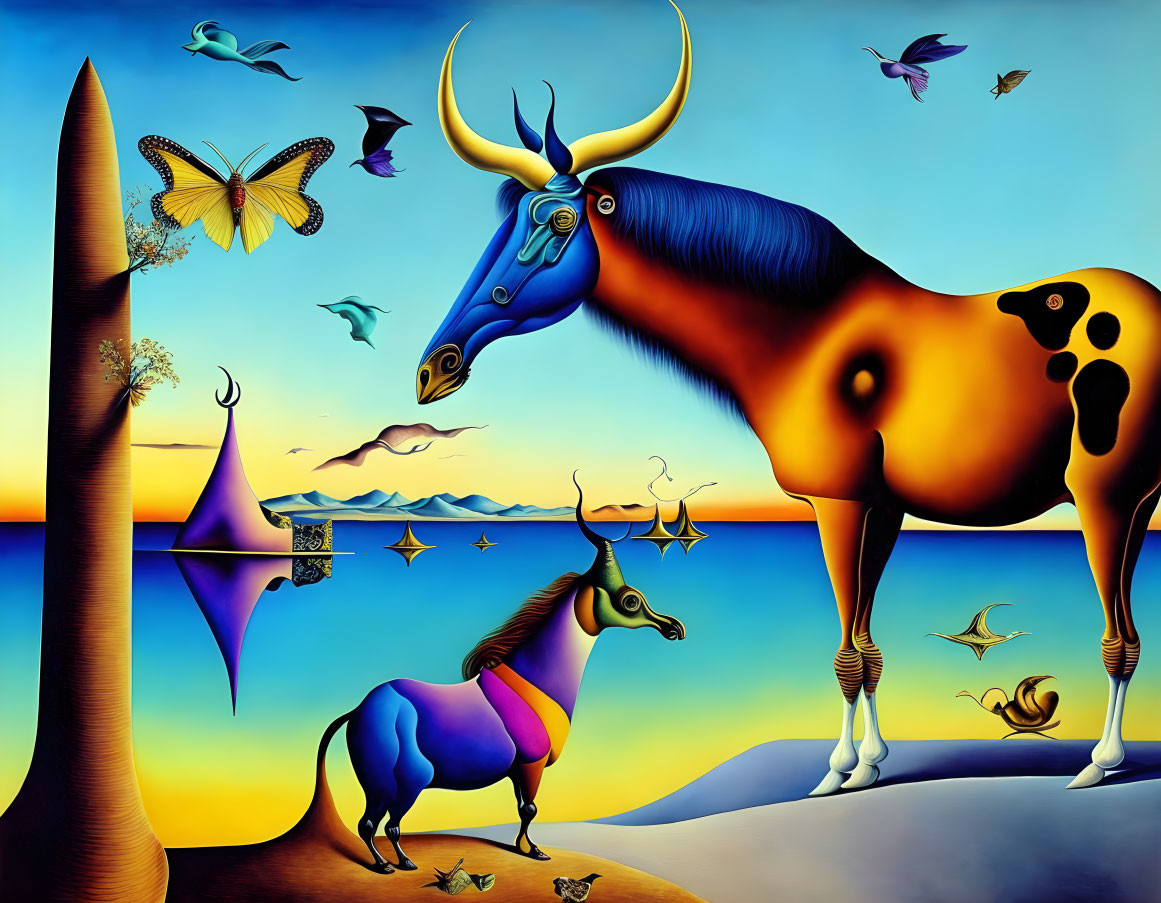 Surrealist painting with stylized horses and vivid colors