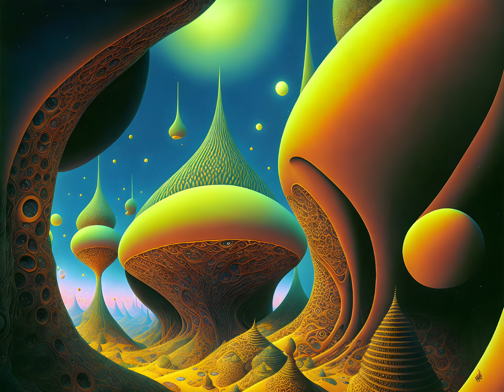 Surrealist landscape with organic shapes and floating orbs