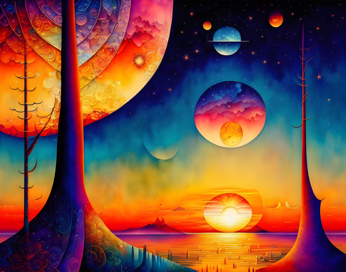 Colorful surreal landscape with stylized trees and vibrant sunset horizon