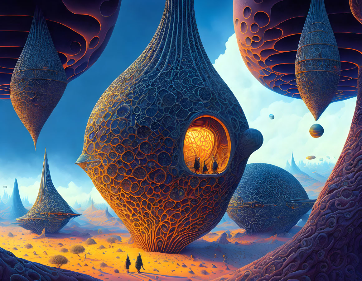 Alien sky with teardrop-shaped structures in sci-fi landscape