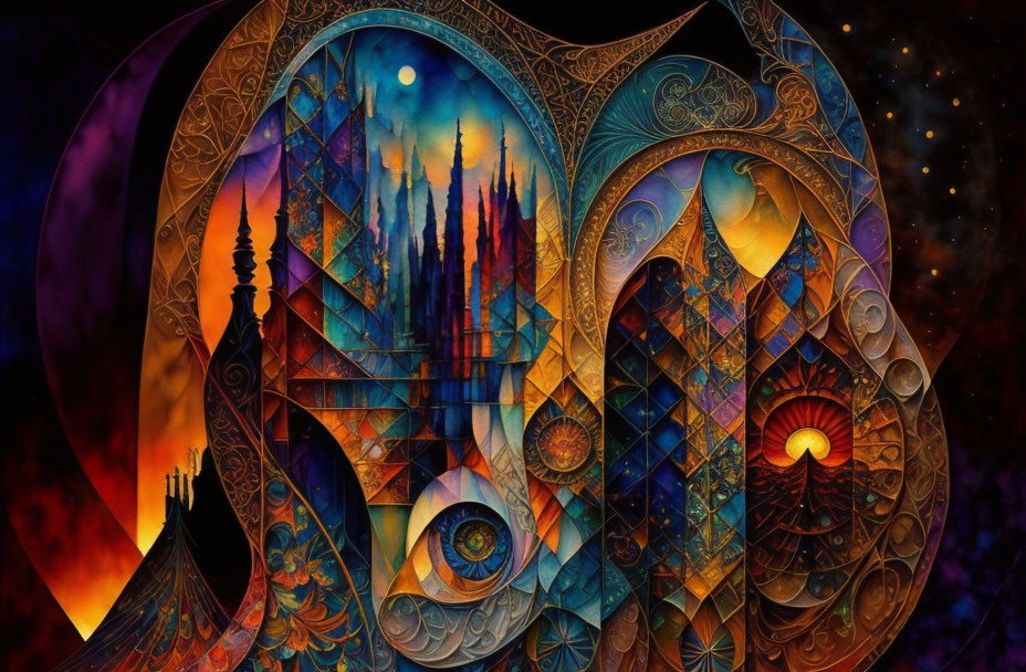 Colorful Artwork: Architectural Spires, Cosmic Patterns, Starry Sky