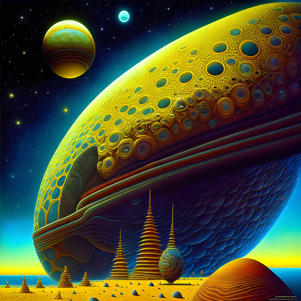 Colorful sci-fi landscape with planets, moons, stars, and alien structures