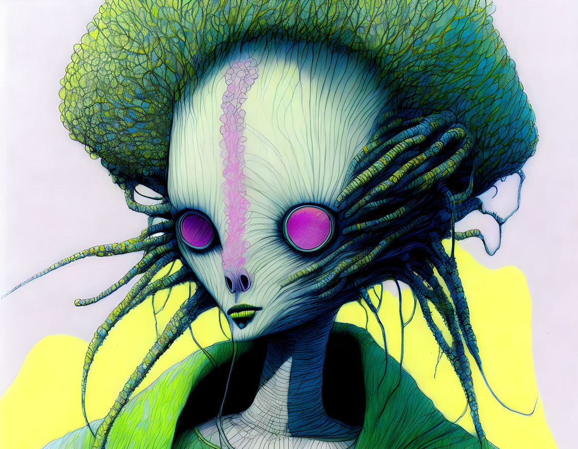 Fantastical creature with large pink eyes and dark tendrils for hair