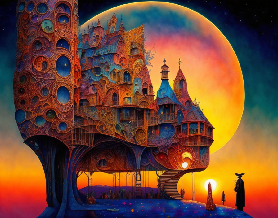 Colorful Artwork of Ornate Building, Moon, and Cloaked Figure