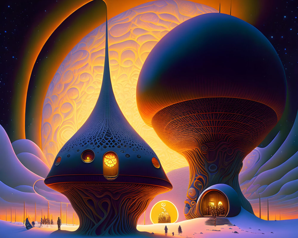 Fantastical landscape with mushroom-like structures and glowing entrance at twilight