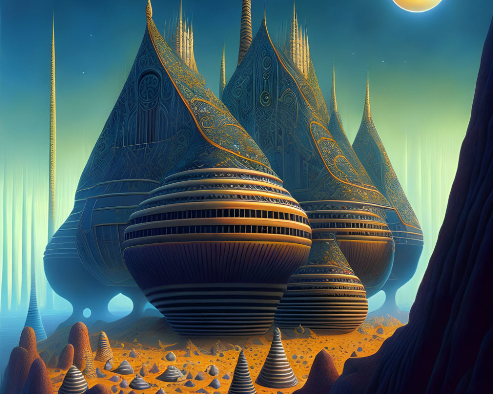 Fantastical city with dome-like structures in desert twilight.