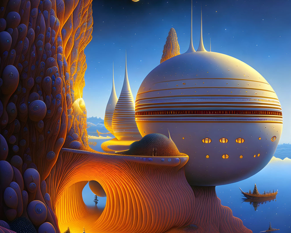 Fantastical landscape with floating spherical structure above orange terrain