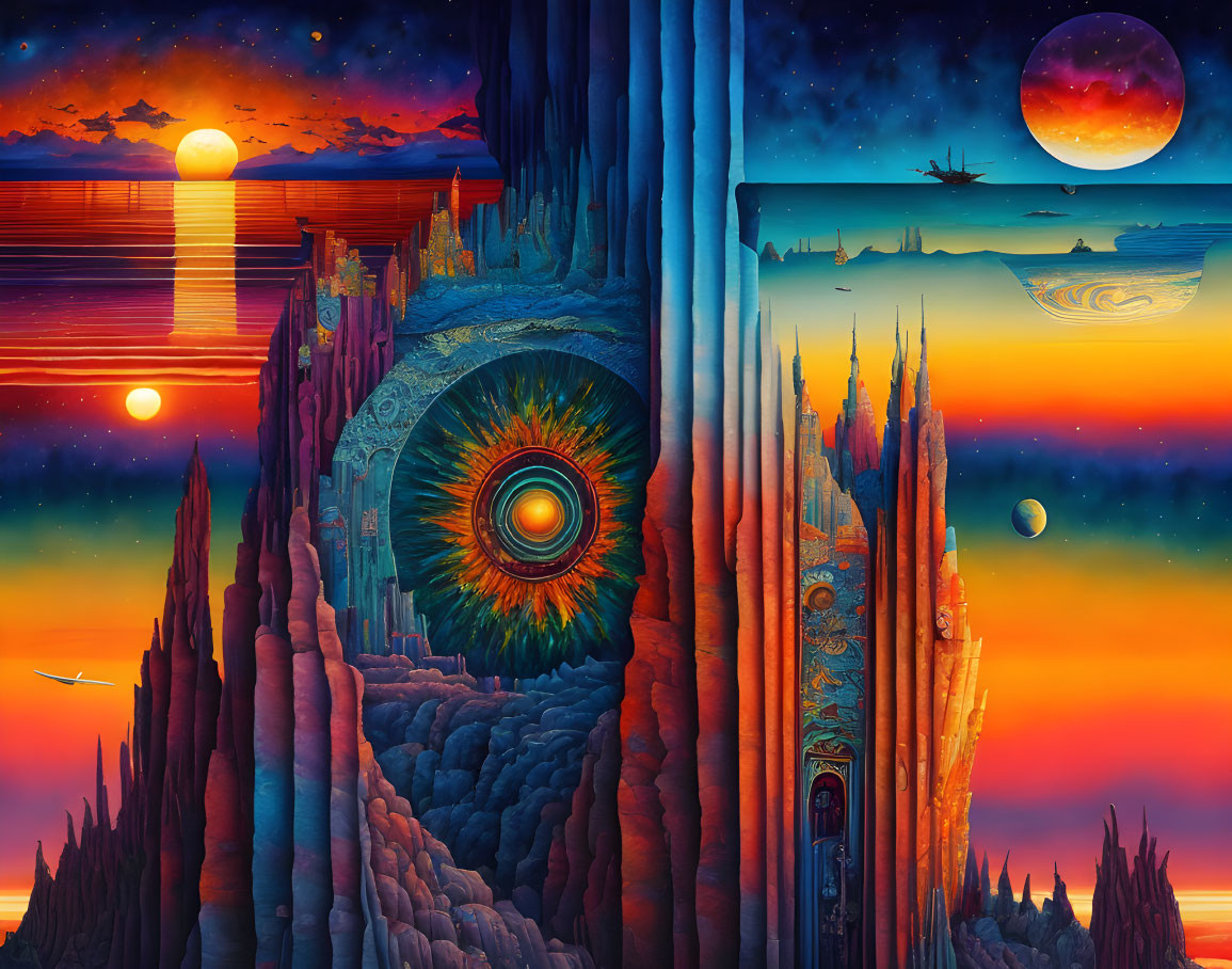 Surrealist landscape with cliffs, celestial bodies, and eye motif