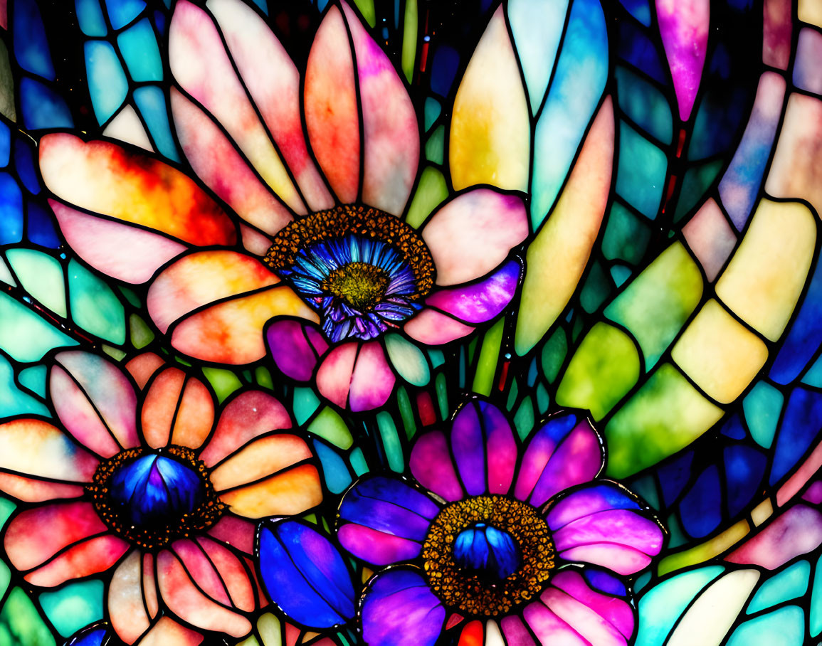 Vibrant flower pattern in pink, blue, and purple on stained glass