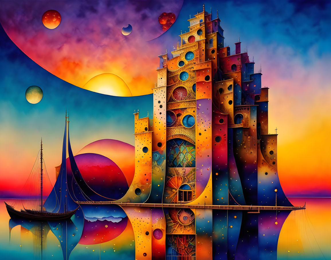 Colorful surreal art: whimsical castle on water, planets in dreamy sky, boats nearby