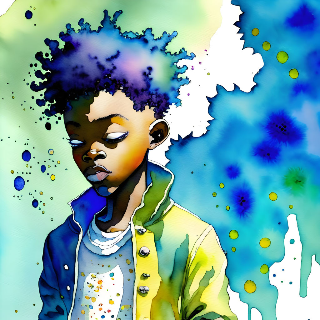 Vibrant Watercolor Style Portrait with Blue and Yellow Tones