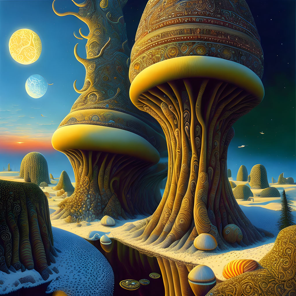 Surreal landscape with ornate mushroom-like structures under a night sky with multiple moons