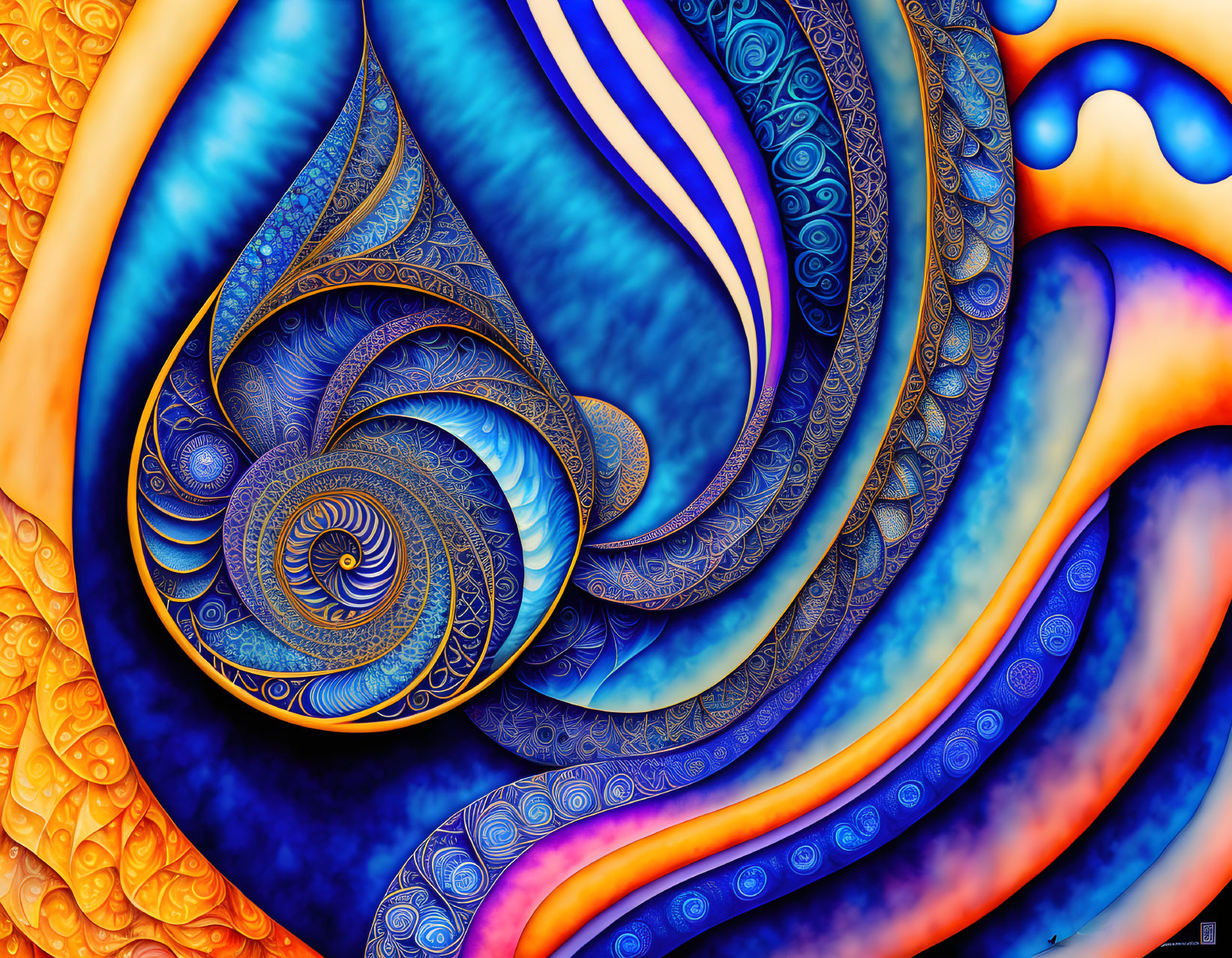 Colorful Digital Art: Swirls & Patterns in Blue, Orange, Gold