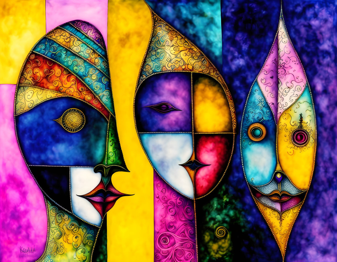 Vibrant abstract art: stylized faces, bold lines, colorful patterns.