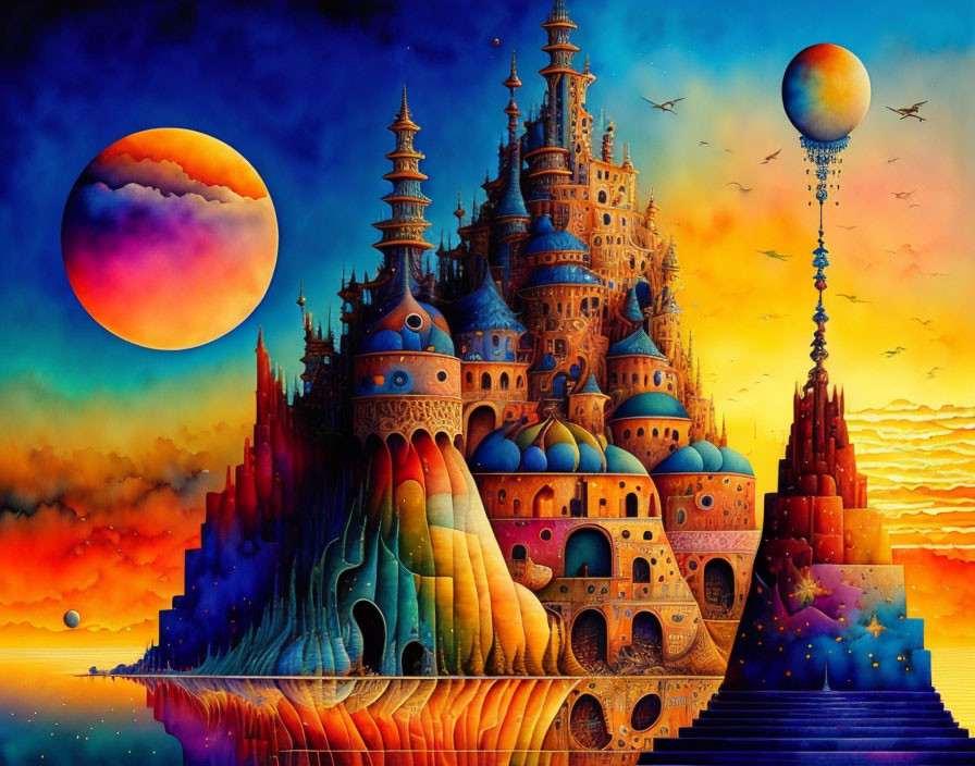 Colorful fantasy landscape with whimsical castles, sunset sky, moon, rocks, and hot air