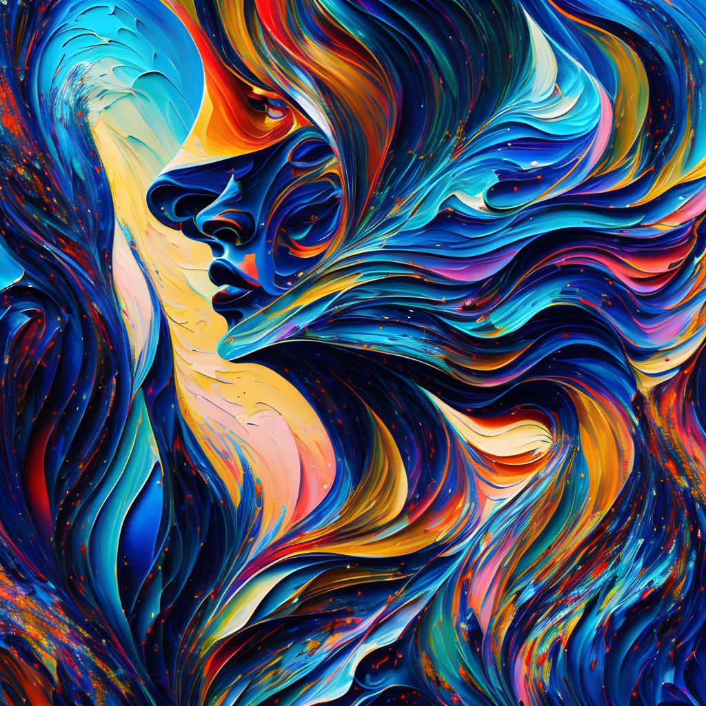 Colorful abstract art: Woman's profile in swirling blue, orange, and yellow patterns