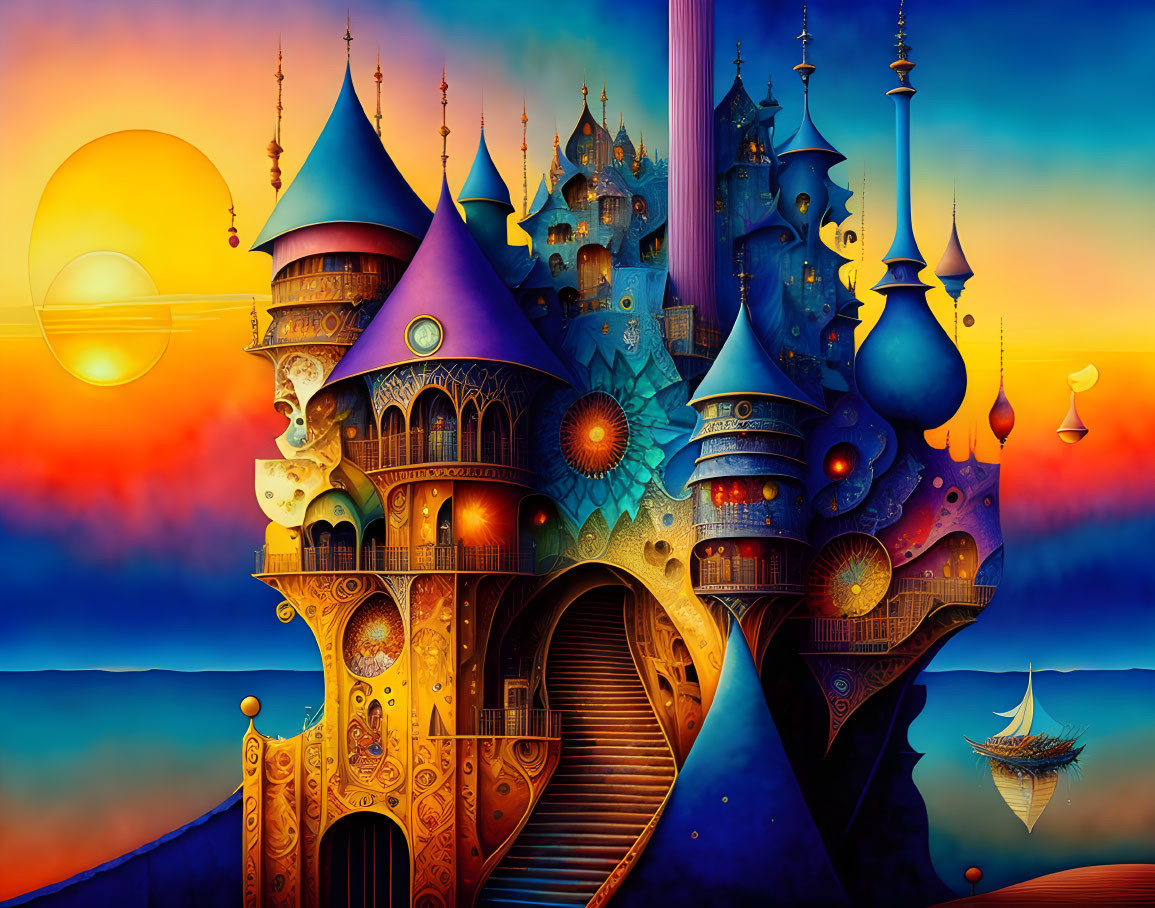 Colorful Imaginative Castle Artwork with Sunset Sky