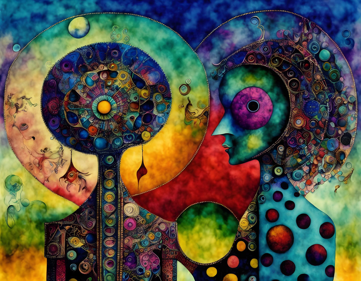 Vibrant abstract art: Two profiles with intricate patterns and psychedelic backdrop