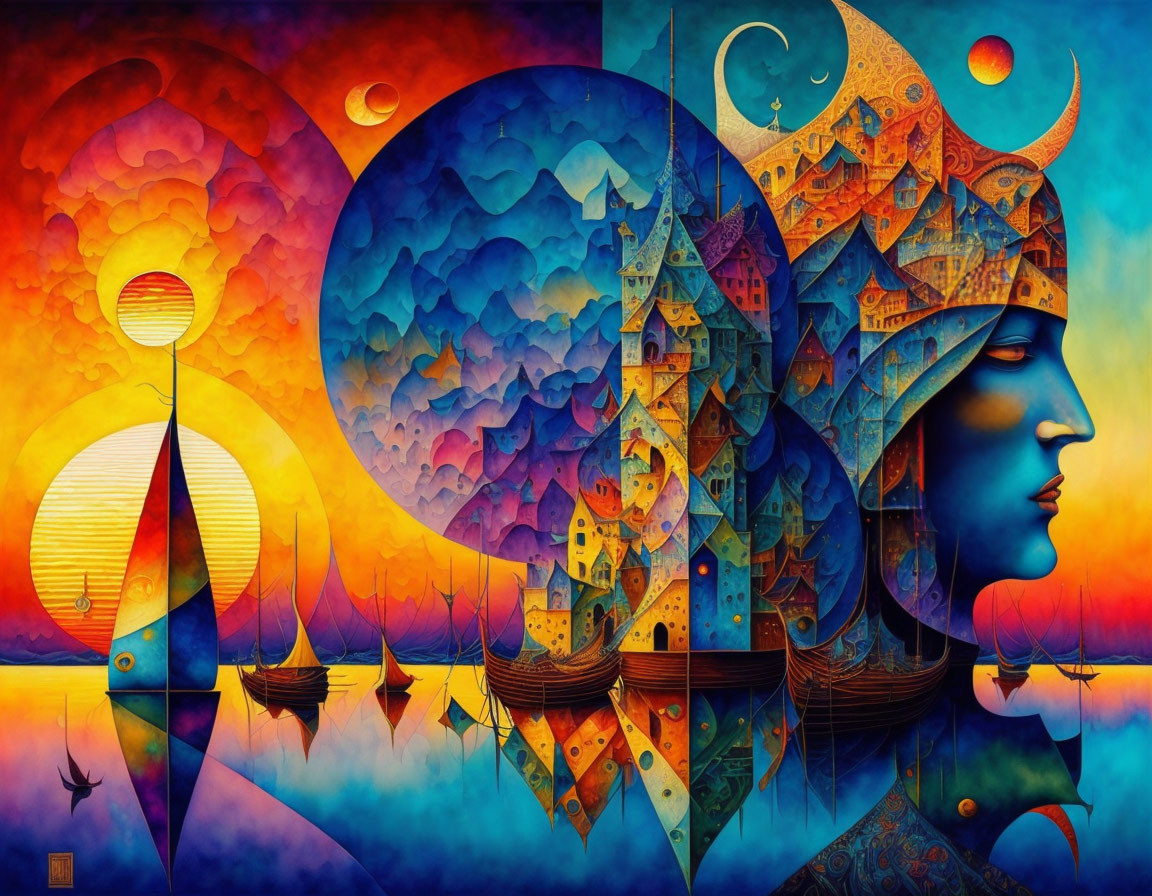 Colorful Surrealist Artwork: Face Profile Blended with Cityscape, Nautical Elements, and