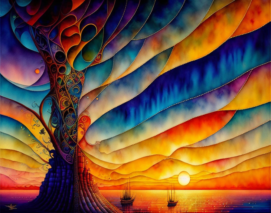 Colorful painting of stylized tree over seascape with boats and setting sun