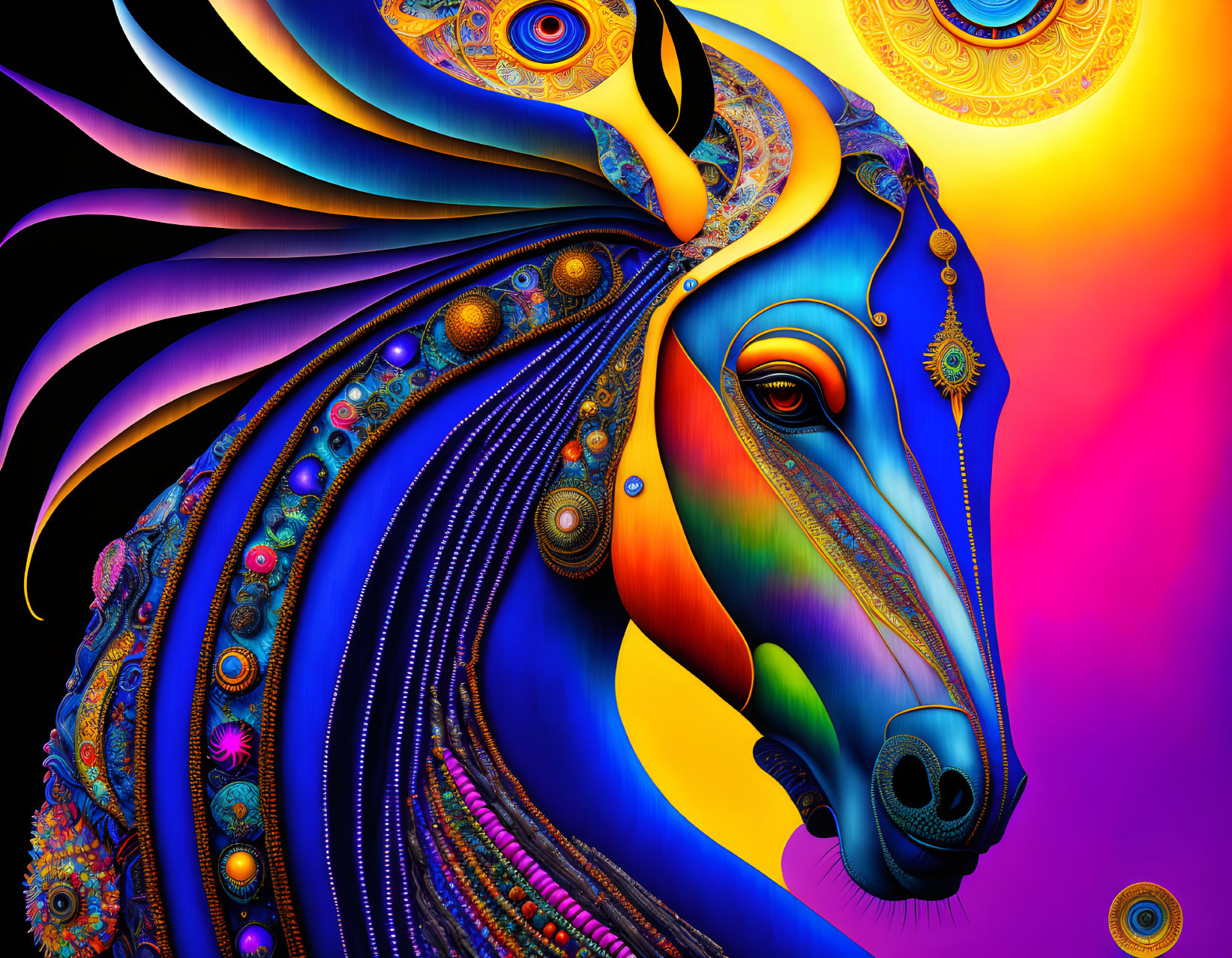 Colorful Stylized Horse Artwork with Psychedelic Background