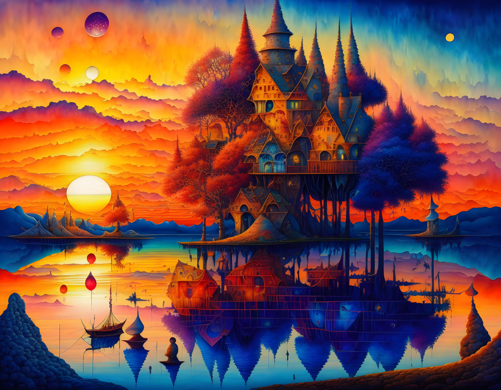 Fantastical landscape with castle, trees, boats, and colorful skies