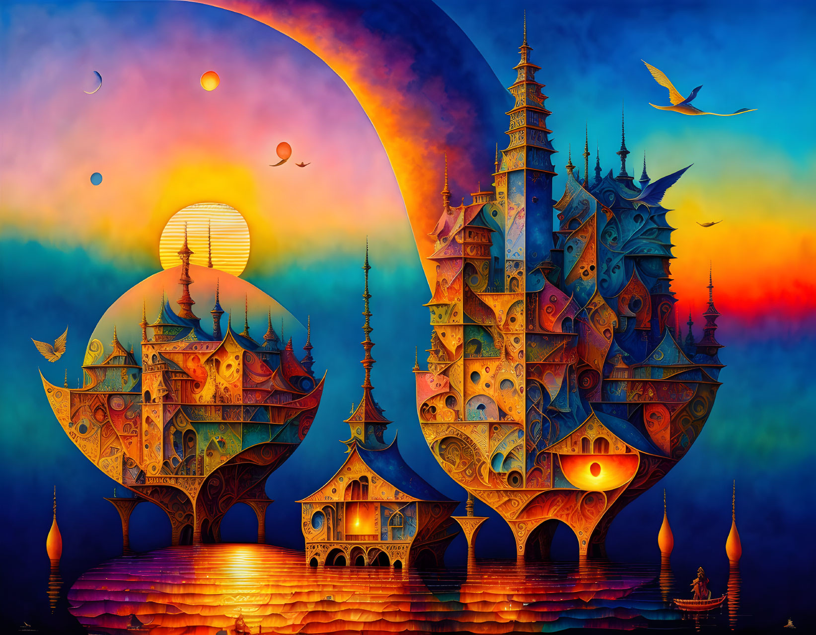 Fantastical ship castle illustration in vibrant sunset sky