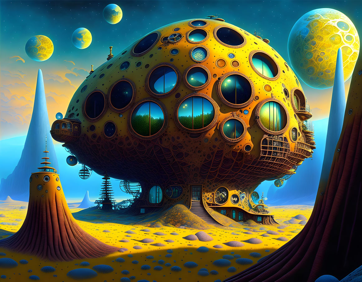 Fantastical alien landscape with honeycomb structure and spire-like trees