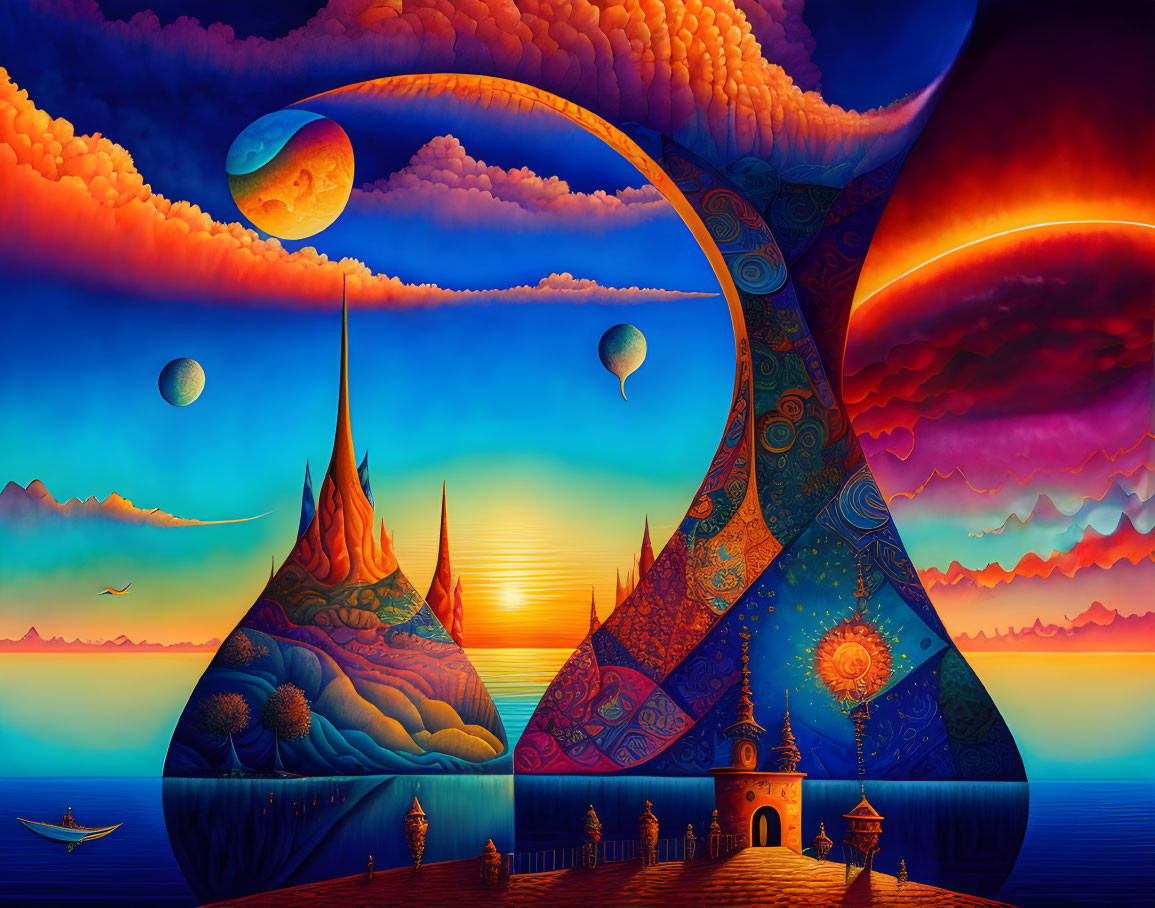 Surrealist landscape with swirling skies, celestial bodies, towers, and hot air balloons