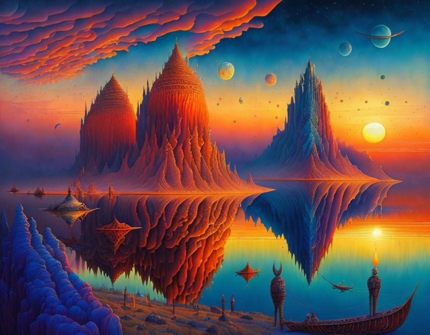 Fantastical landscape with spire-like rocks, reflective water, vibrant sunset sky