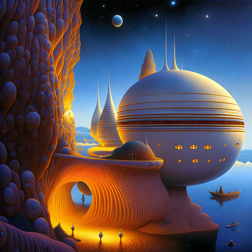 Fantastical landscape with floating spherical structure above orange terrain